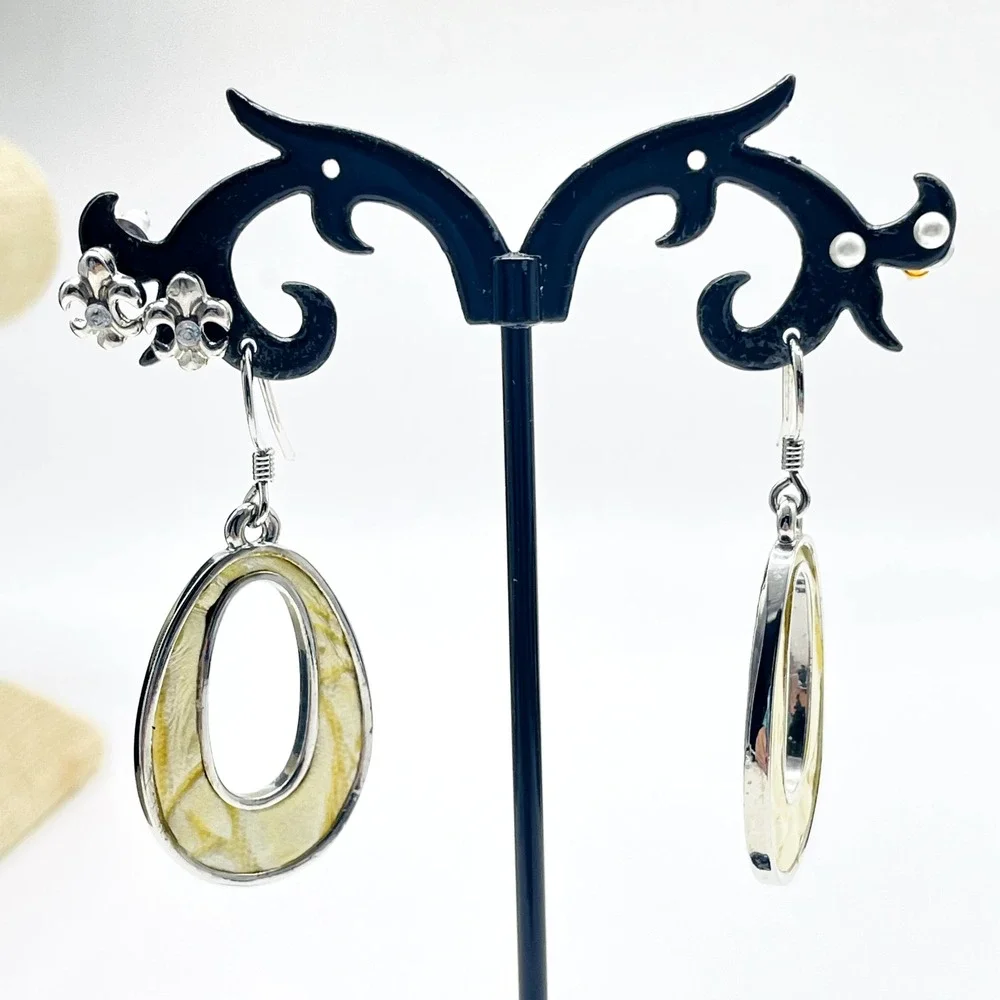 Two Tone Pierced Earrings Lot 3 Oval Dangle Fleur de Lis Faux Pearl Mixed Metals